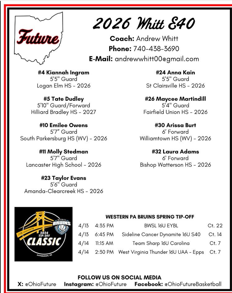 This weekends tournament schedule!! Come check us out!
<a href="/OhioFuture/">Ohio Future</a> <a href="/WilliamstownGBB/">WHS Lady Jackets</a> <a href="/JrAllStarBB/">Jr. All-Star Girls Basketball</a> <a href="/GoMVB/">GoMVB Get Seen. Get Serious. Get to the Next Level</a> <a href="/BlueChipsGBB/">BLUECHIPS NATION Girls Hoops</a> <a href="/WomensHoops_USA/">Women’s Hoops Network</a> <a href="/ncsa/">NCSA College Recruiting</a> <a href="/WPABruinsTipOff/">WPABruins2025TipOff</a>