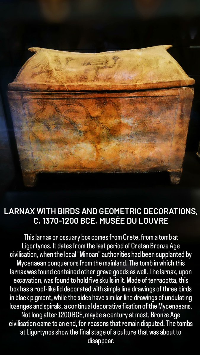 antmoose's tweet photo. For #SarcophagusSaturday we're going back, back, back in time, to October 2023 when I took this photo of a late #Mycenaean #larnax in the #Louvre in #Paris. The undulating linear patterns on this #terracotta box are heirs to the spiral reliefs in earlier cemeteries. https://t.co/aGVEpyldR6