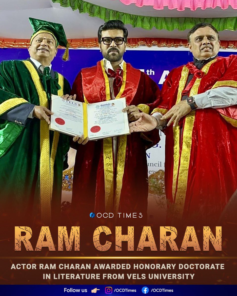 Another feather added to Global Star #RamCharan's hat as he rises with an honorary doctorate from Vels University, marking yet another milestone in his illustrious career . #OCDTimes #GlobalStarRamCharan #RC #VelsUniversity #RamCharan #GameChanger #RC16 #RC17 #RCRCRCRamCharan…