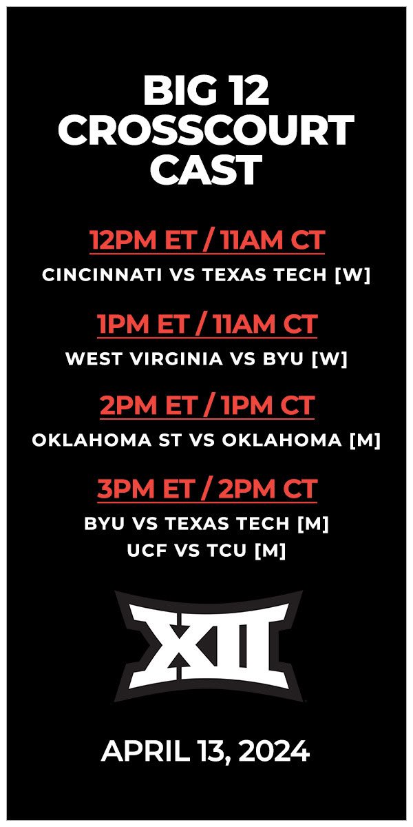 Big 12 Saturday!

Join @AlGruskin for our @CrossCourt_Cast coverage of the final weekend of the regular season in the Big 12 on the ESPN app starting at noon ET. 

📺: espn.com/espnplus/playe…

#Big12Tennis | @Big12Conference
