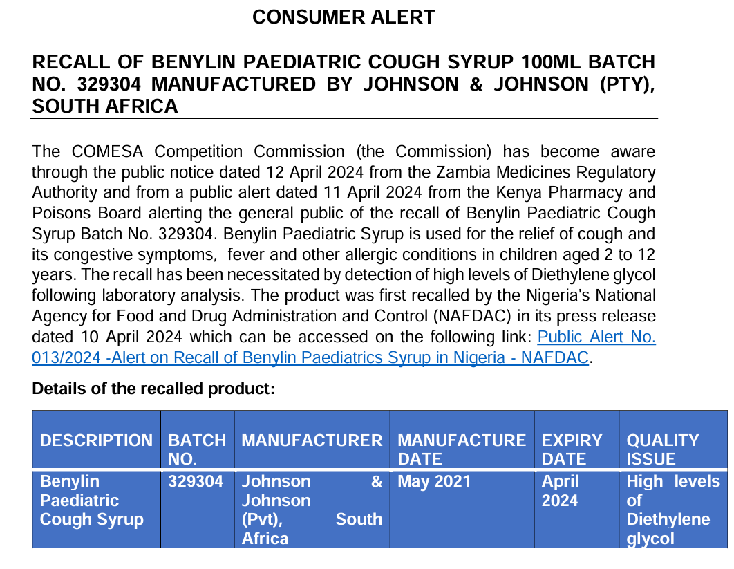 CCCC_COMESA's tweet photo. The CCC has published a consumer alert with respect to Benylin Paediatric Cough Syrup 100ml Batch No. 329304 manufactured by Johnson &amp; Johnson (PTY) South Africa. For more details; https://t.co/pHKlIdKLxK
#consumeralert #CCC #COMESA #consumerprotection https://t.co/ER8tEZXQ5s