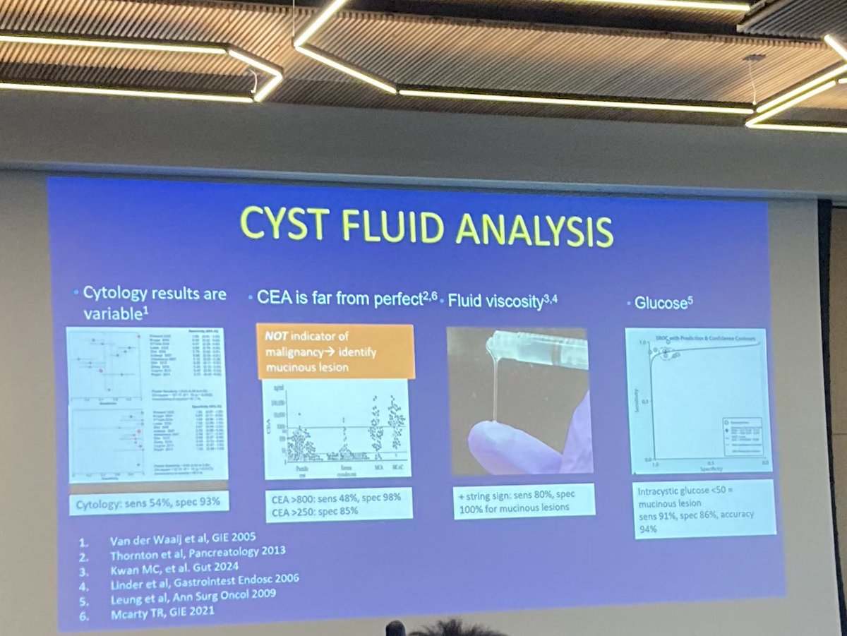 Pancreas cyst tips @UzmaSiddiquiMD  #RMIE2024

 ‼️ CEA not used to determine malignancy - used to tell you mucinous or not 

CEA &gt;250 :spec 85%

CEA &gt;800 :spec 98%

⭐️ intracystic glucose &lt;50 - 91% sens and 86% specific for mucinous lesion

#GITwitter -  any tips for Panc cysts?