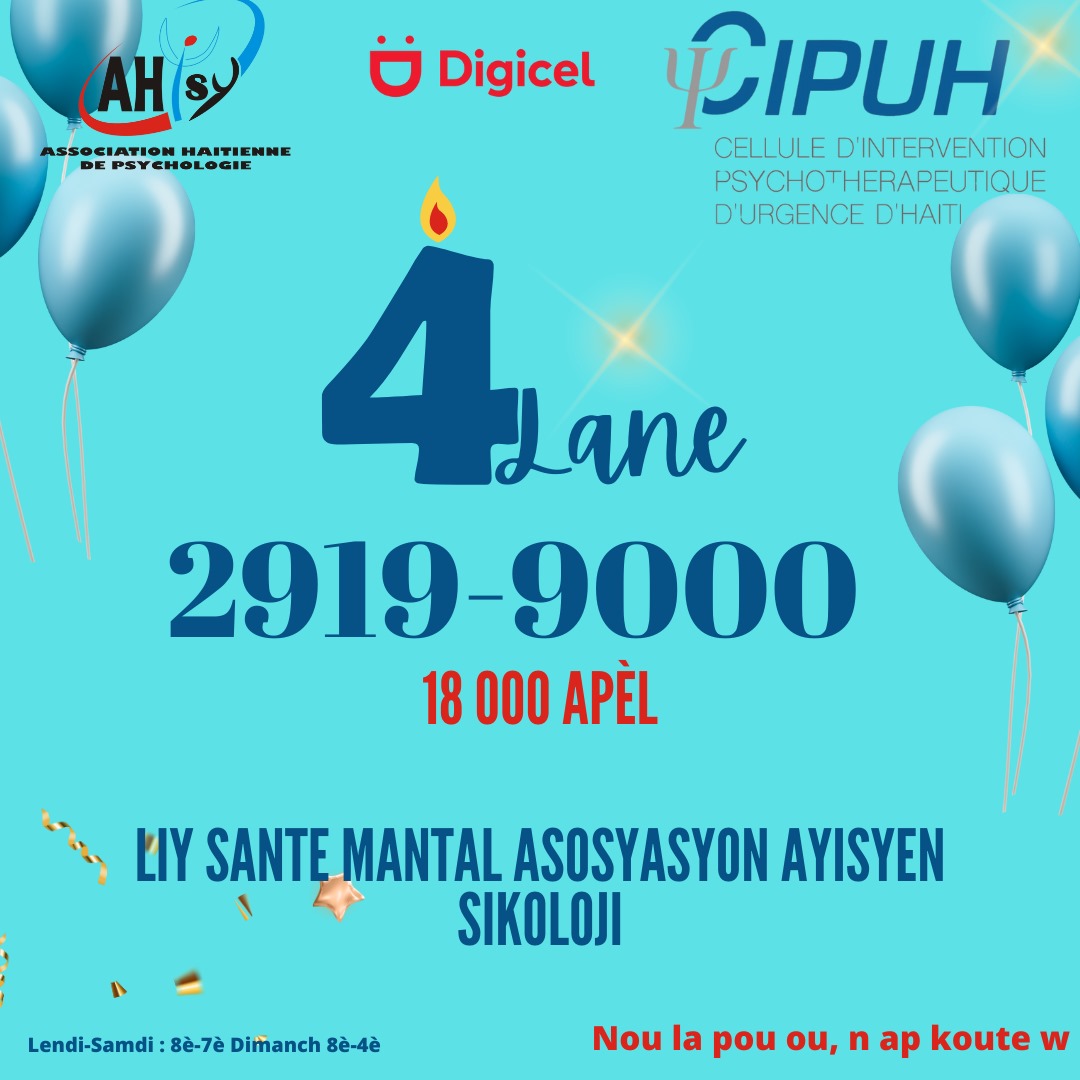 psyhaiti's tweet photo. 13 Avril 2020 pou rive 13 Avril 2024 : 4 lane depi nap bay popilasyon ayisyen nan sèvi ! 18 000 apel
Nou vle di premye ekoutan nou   yo mèsi , ak  pwofesyonèl sante mantal yo.  Yon gwo mèsi a tout patnè ak sipòtè nou yo men sitou sa ki  kontinye vwayaj sa a. https://t.co/xqcFAvTXD7