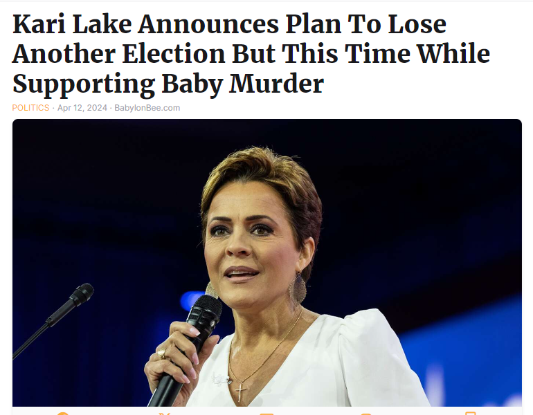 This is the Babylon Bee headline <a href="/KariLakeWarRoom/">Kari Lake War Room</a> called "not valid satire" and doesn't want anyone to see so please don't share it.

Thank you for your cooperation.