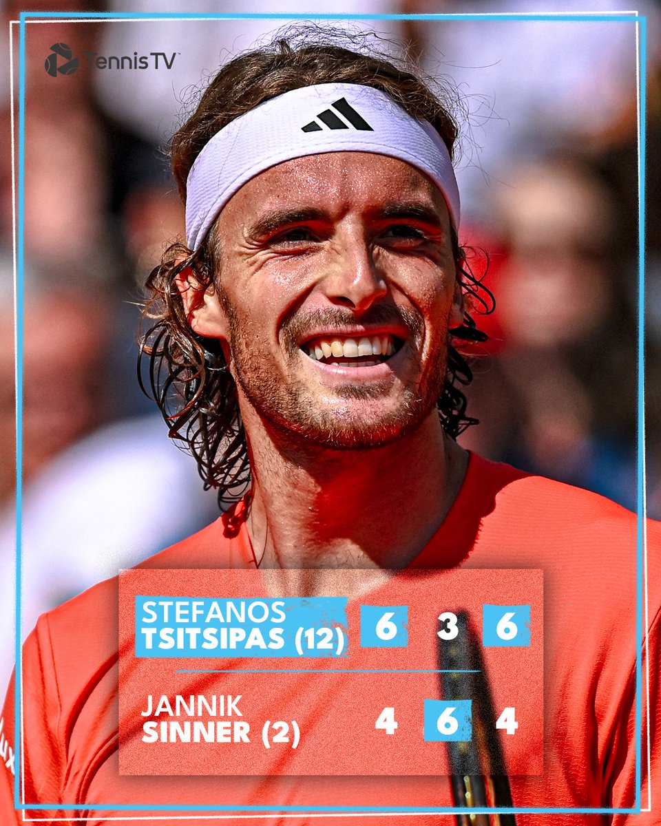 TennisTV's tweet photo. TSITSIPAS TAKES DOWN SINNER!! 💪

The two-time Monte-Carlo champion inflicts only the second defeat of the season on Sinner - with an epic three-set victory to reach the final!

#RolexMonteCarloMasters @steftsitsipas https://t.co/kHDcqBPyTQ