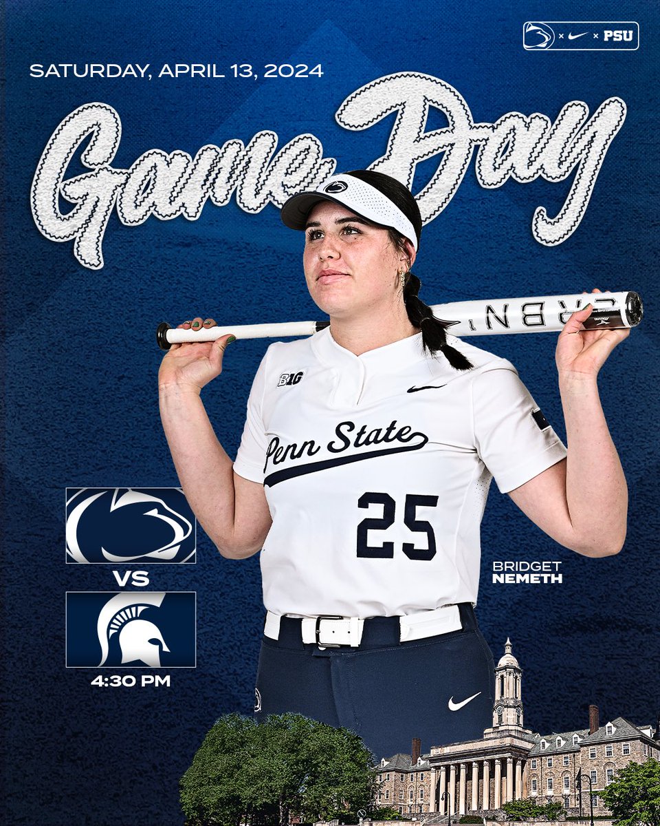 Saturday showdown with the Spartans😤 💙: Alumni Celebration 🥎: vs. Michigan State 📍: University Park, Pa. 🏟️: NLSP and Beard Field ⏰: 4:30 p.m. (ET) 🅿️: ParkMobile App 🎟️: FREE ADMISSION 🖥️: B1G+ 📊: GoPSUsports.com #WeAre | #NextStop