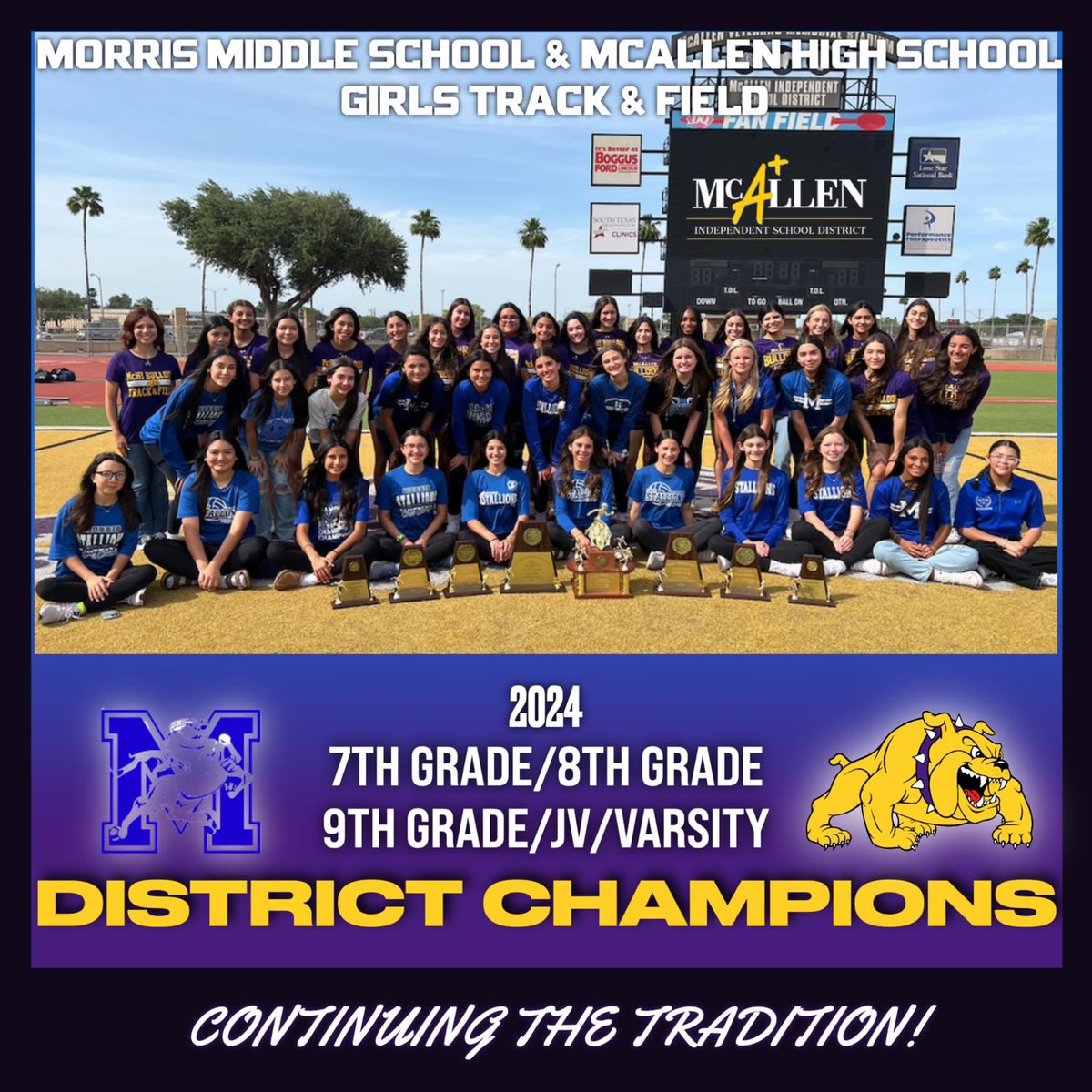 CONGRATULATIONS FOR A CLEAN SWEEP OF THE DISTRICT CHAMPIONSHIPS for our Morris Lady Stallions & McHi Lady Bulldogs Track Teams!!!! Go Stallions! Go Bulldogs! 💙🤍💜💛 #morrispride #misd #districtofchampions