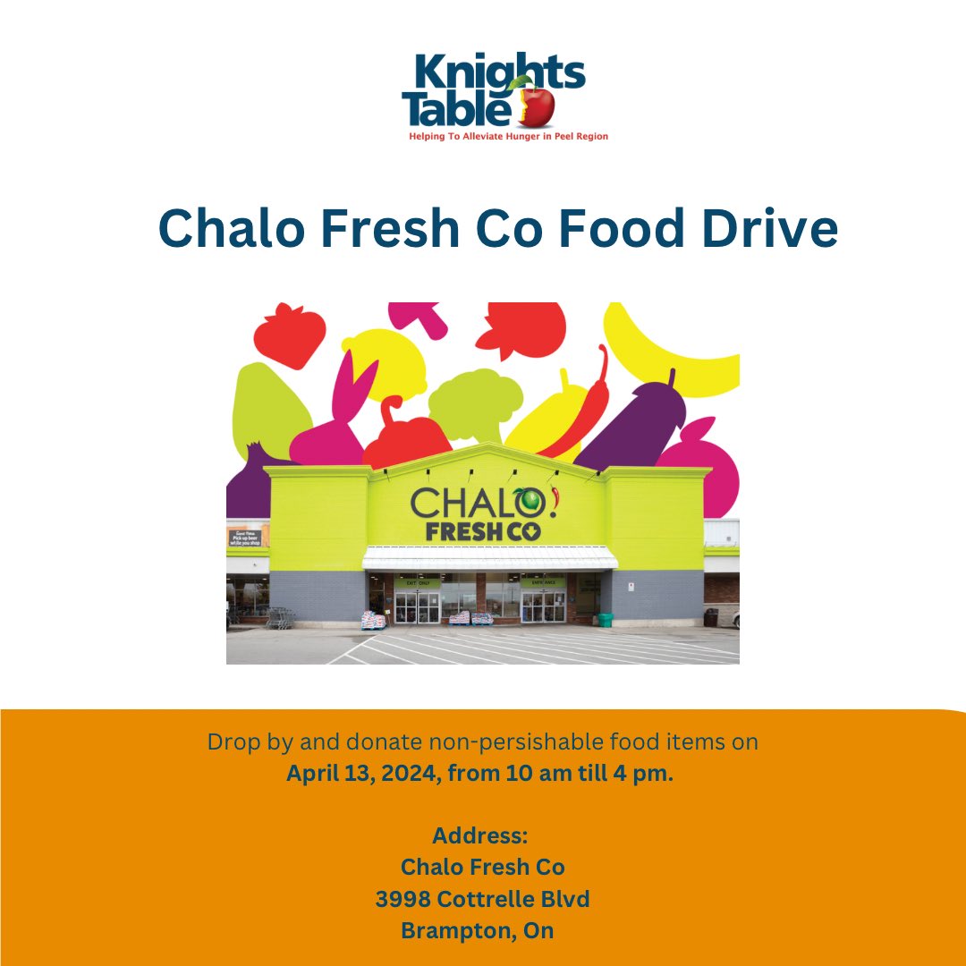 Knights Table is hosting a food drive in association with Chalo Fresh Co. Drop by from 10 am to 4 pm today - April 13, 2024, to donate non-perishable food items. Address: Chalo Fresh Co 3998 Cottrelle Blvd Brampton, On See you there! #KnightsTable #ChaloFreshCo #Donate