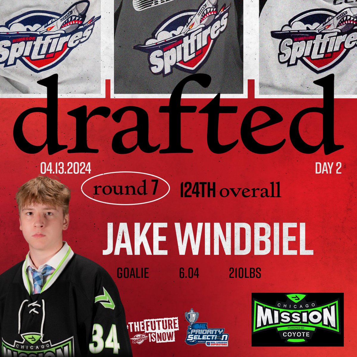 With the 124th overall pick in the 2024 OHL Priority Selection, the Windsor Spitfires are proud to select Jake Windbiel from the Chicago Mission team! #WindsorSpitfires #OHLDraft