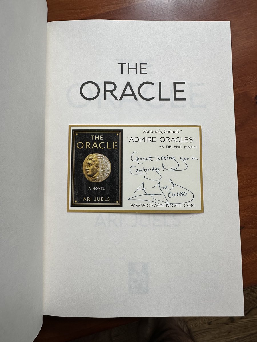 Ari Juels (@arijuels) on Twitter photo At Harvard Blockchain Conference today and want a signed bookplate for your copy of THE ORACLE?
Come to the conference floor after my 3:30 p.m. keynote. Find the booth whose only decoration is a bespectacled professor.
(Thanks <a href="/HBSCryptoClub/">Harvard Blockchain</a> for the invite!)
<a href="/oraclenovel/">oraclenovel</a> At Harvard Blockchain Conference today and want a signed bookplate for your copy of THE ORACLE?
Come to the conference floor after my 3:30 p.m. keynote. Find the booth whose only decoration is a bespectacled professor.
(Thanks <a href="/HBSCryptoClub/">Harvard Blockchain</a> for the invite!)
<a href="/oraclenovel/">oraclenovel</a>