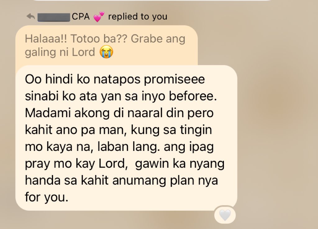 jelaicpa_'s tweet photo. From my friend na CPA na and currently working sa COA. Kaya guys kapit lang tayo, it may seem impossible for us but with God nothing is impossible 🤍 I hope this will give hope to everyone (including me) who thinks na hindi na kaya ipasa because they haven’t finish the coverage https://t.co/z3jiJS0bIL