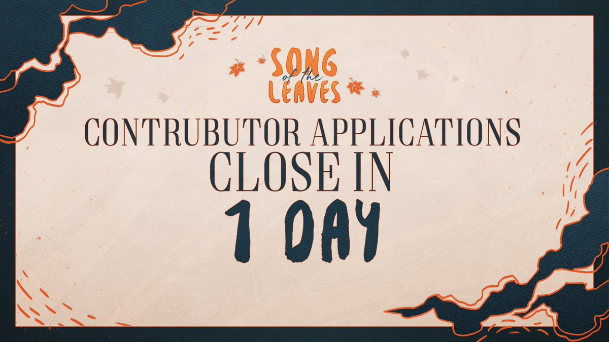 🍂ONE DAY LEFT🍂

Applications for Song of the Leaves: A KazuScara Fanzine will close tomorrow, April 14 at 12 PM EST