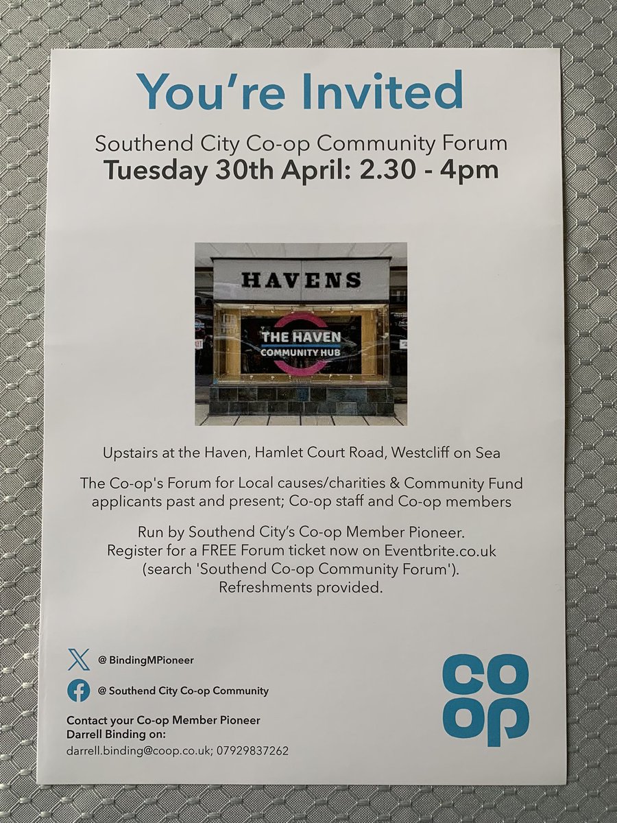 My re-scheduled Southend Co-op Forum free tickets available on Eventbrite.co.uk. Look forward to seeing local charities, community groups & Co-op members/staff. @savs_southend @coopukcolleague @FriendsSouthend @Southend_Pride @Southend0nSea @liveleighlove @TheHavenCommun1