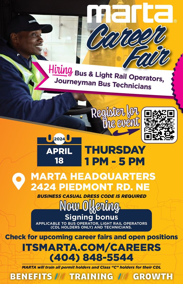 Don't miss your chance to have a rewarding career with MARTA! Explore opportunities for bus/light rail operators and technicians at our job fair on Thurs., 4/18 from 1- 5 pm at MARTA HQ, across from Lindbergh Center station. Learn more: bit.ly/3kct1ZG #nowhiring #jobs