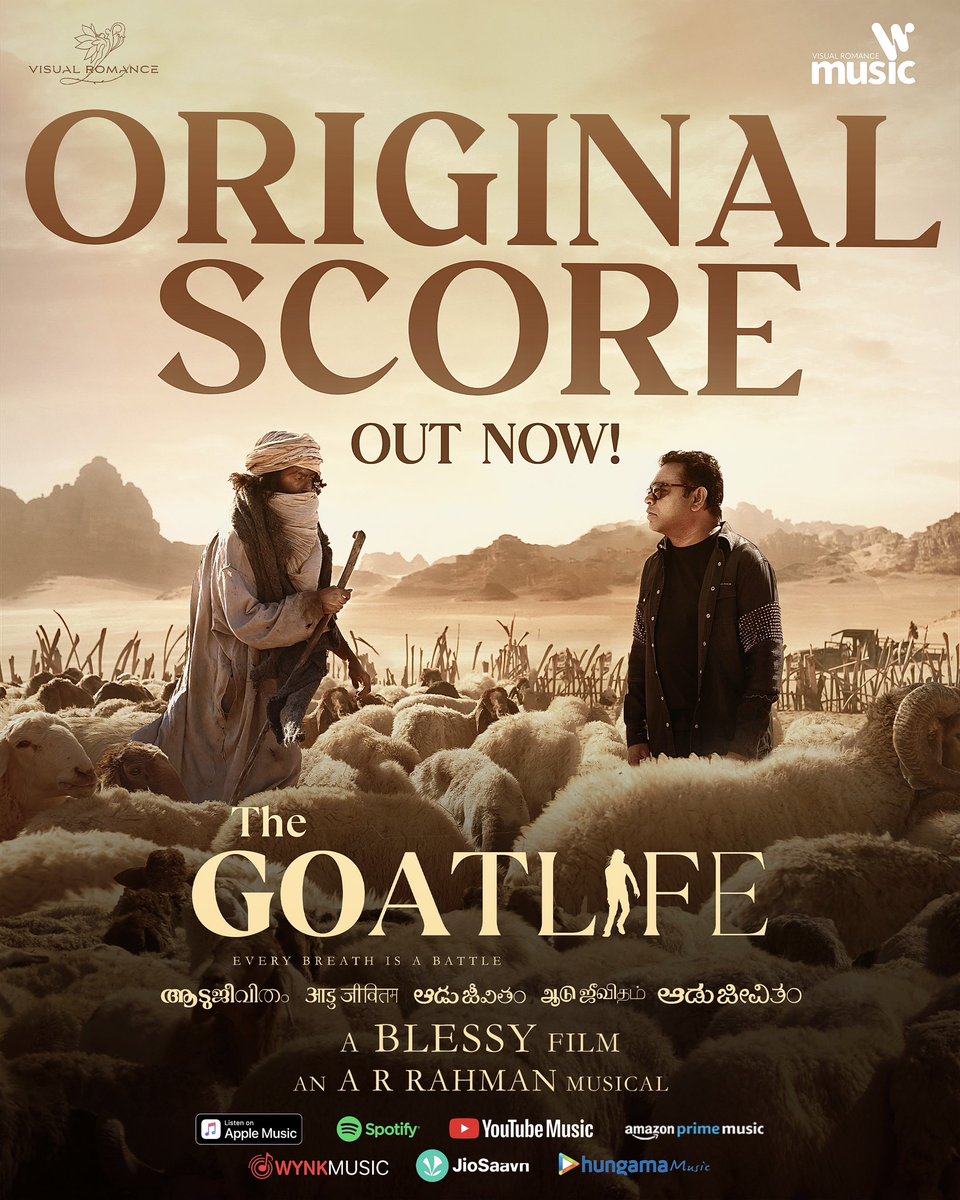 Experience the various shades of emotions felt by Najeeb during his long odyssey in the vast Arabian desert with #TheGoatLife Original Score. 1. The Train of Dreams 2. King of Kerala 3. Friendship 4. Mirage 5. The Beloved Releasing worldwide today on all audio streaming…