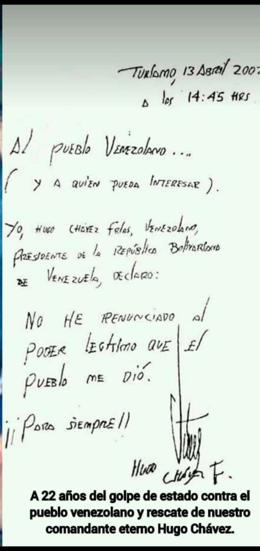 13 de abril de 2002, hace ya 22 años de la mayor demostración de amor que pueda darse entre un Pueblo, su Fuerza Armada y un gobernante, y bajaron al rescate de nuestro Comandante Chávez, quedó sellada para siempre la unión cívico militar, Unidos Nosotros Venceremos!!