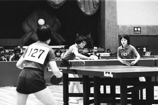 Yukie Ozeki and Sachiko Yokota of Japan compete in the Women’s Doubles final during the 2nd Asian Table Tennis Championships at Yokohama Cultural Gymnasium.