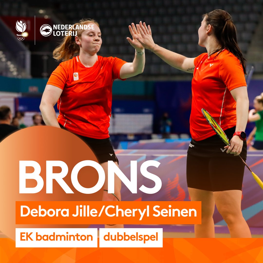 Brons op het EK badminton! 🥉 In de halve finale is het Franse duo Lambert en Tran ons net te sterk af. Daarmee is EK-brons het eindresultaat voor ons duo Debora Jille en Cheryl Seinen. Een mooie wedstrijd resulteert in 15-21 en 12-21 🧡 #TeamNL