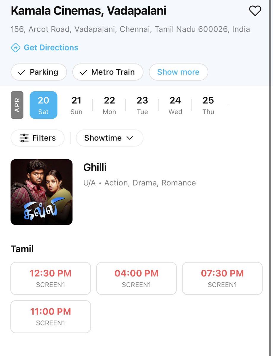 All shows in screen 1 go houseful on the first day within one hour 💥 Bookings opened in Screen 2 also now #GhilliReRelease making records at your Kamala Cinemas 🔥 Super proud that we are the First in Tamil Nadu to open bookings ☺️