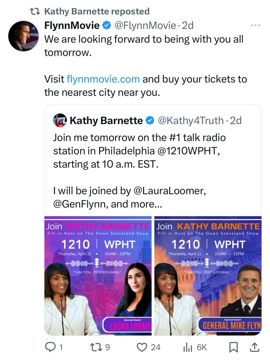 Partial guest list for Kathy Barnette’s guest stint on some RWNJ radio show…MAGA @DaveMcCormickPA, Laura Loomer and Michael Flynn. #BirdsOfAFeather