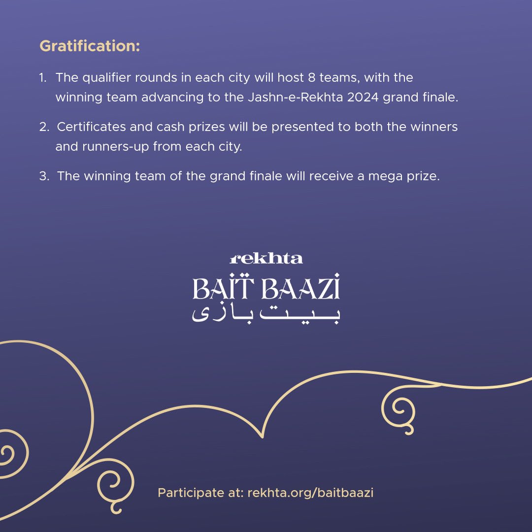 Presenting Rekhta Baitbaazi: A National Competition Celebrating Urdu. Join us in celebrating the rich tradition of Urdu poetry and keep the legacy alive! Participate Now👇 rekhta.org/events/baitbaa… Hurry, the last date for registration is 28th April 2024 #baitbaazi #rekhta