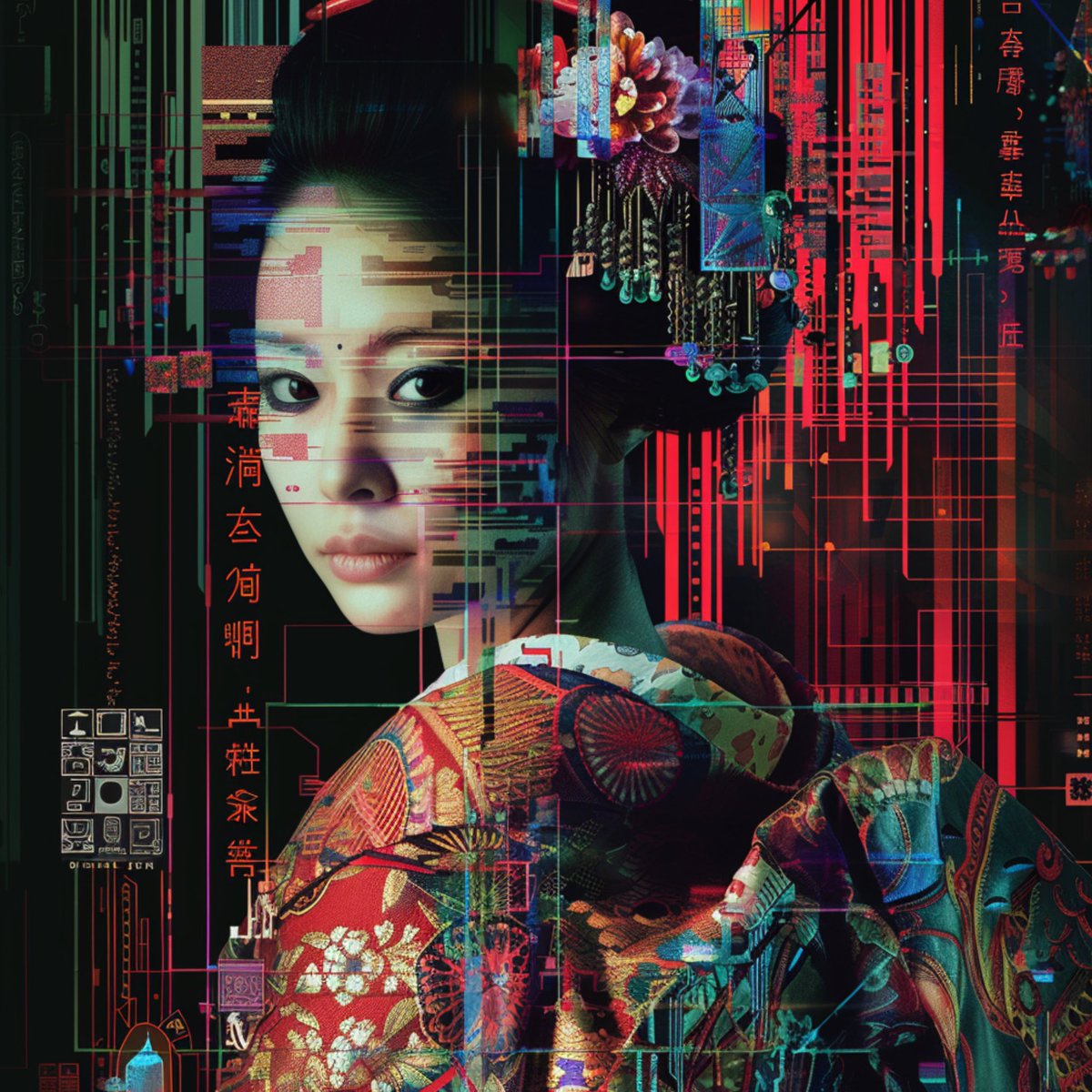 “QR Geisha” 

#TokyoSolidDubai 

In a world of pixels the QR Geisha emerged,a fusion of tradition and innovation.With each scan,her enigmatic code revealed a story. In her presence,a question lingered: Where does the soul of art reside in the digital age?”