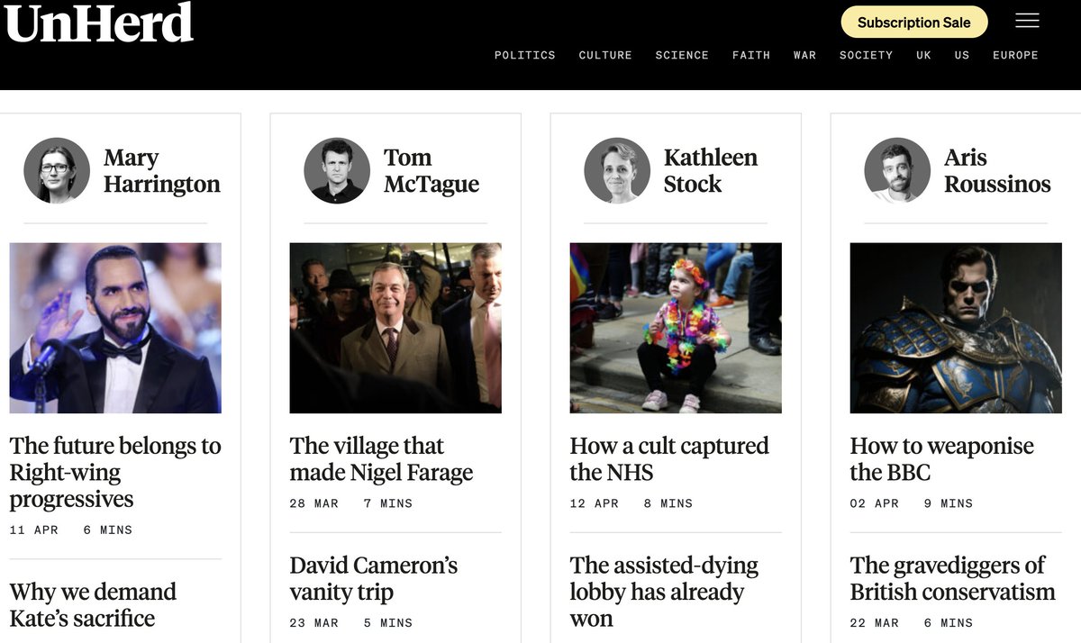 What a lot of humourless hatey stuff @unherd has now. It was once an entertaining window on what the thinking right was up to. Now just bile and hopelessness. Sub cancelled.
