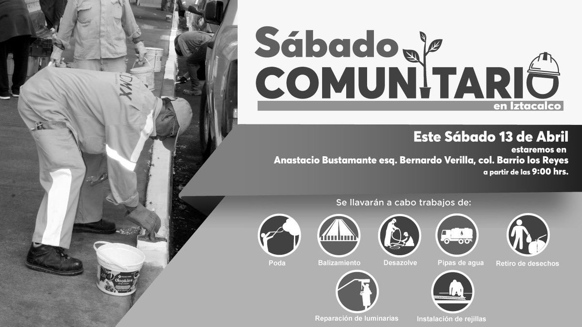 Hoy 13 de abril tendremos la jornada de #SábadoComunitario en Barrio Los Reyes, realizaremos trabajos de poda, desazolve, mantenimiento en áreas verdes, limpieza, cambio de luminarias, barrido y más. Acércate y colabora con nosotros.
 ¡Nos vemos a las 9:00 hrs!