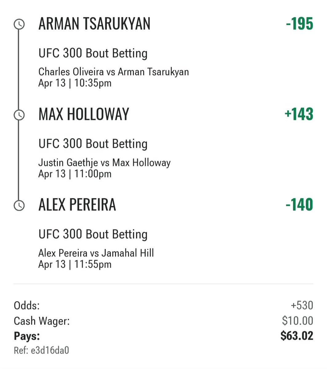 Here's 👶🩸(my daughter) 3 fight parlay she picked on The Defend Your Units Show. I don't agree with the Max or Arman picks at all. The only reason she picked them is because she doesn't watch tape, and she's a small child 🤣. Good luck, everyone. #MMATwitter #UFC300 #GamblingX