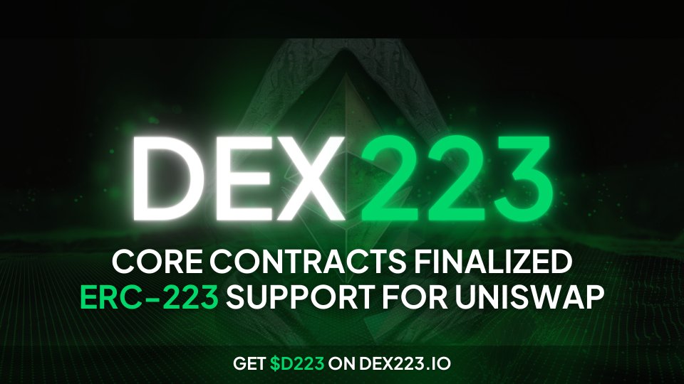 Dex_223's tweet photo. Exciting! #Dex223's core smart contracts are finalized, paving the way for empowered trading! Check out the Core and Periphery contracts:
https://t.co/cNlLt63FNN

Plus, we've made strides in implementing basic #ERC223 support in #Uniswap. 🔥

Stay tuned for further developments and in the meantime, add some #D223 to your bags: https://t.co/UhY9Sd9EPu