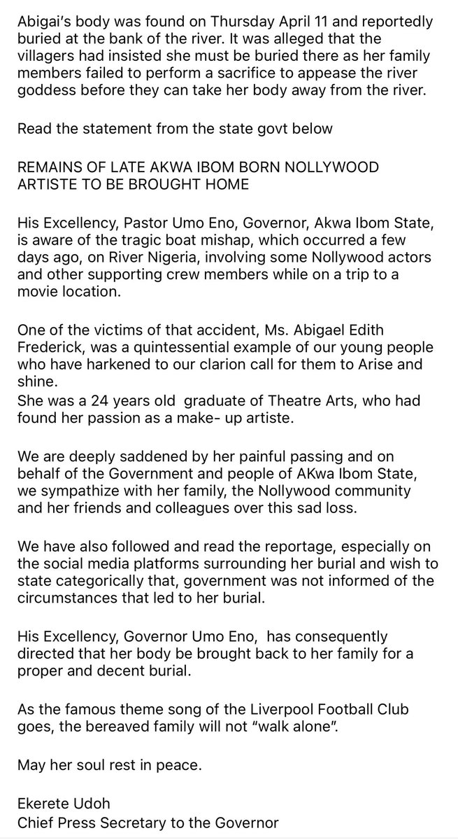 Thank you sir!! Akwa Ibom state governor orders body of makeup artiste ( Abigai) be brought to the state for proper burial. May her soul rest in peace🙏🙏🙏❣️❣️❣️❣️❣️❣️