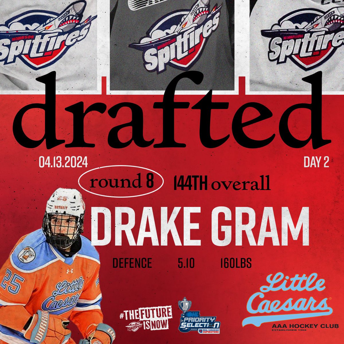 With the 144th overall pick in the 2024 OHL Priority Selection, the Windsor Spitfires are proud to select Drake Gram from the Detroit Little Caesars team! #WindsorSpitfires #OHLDraft