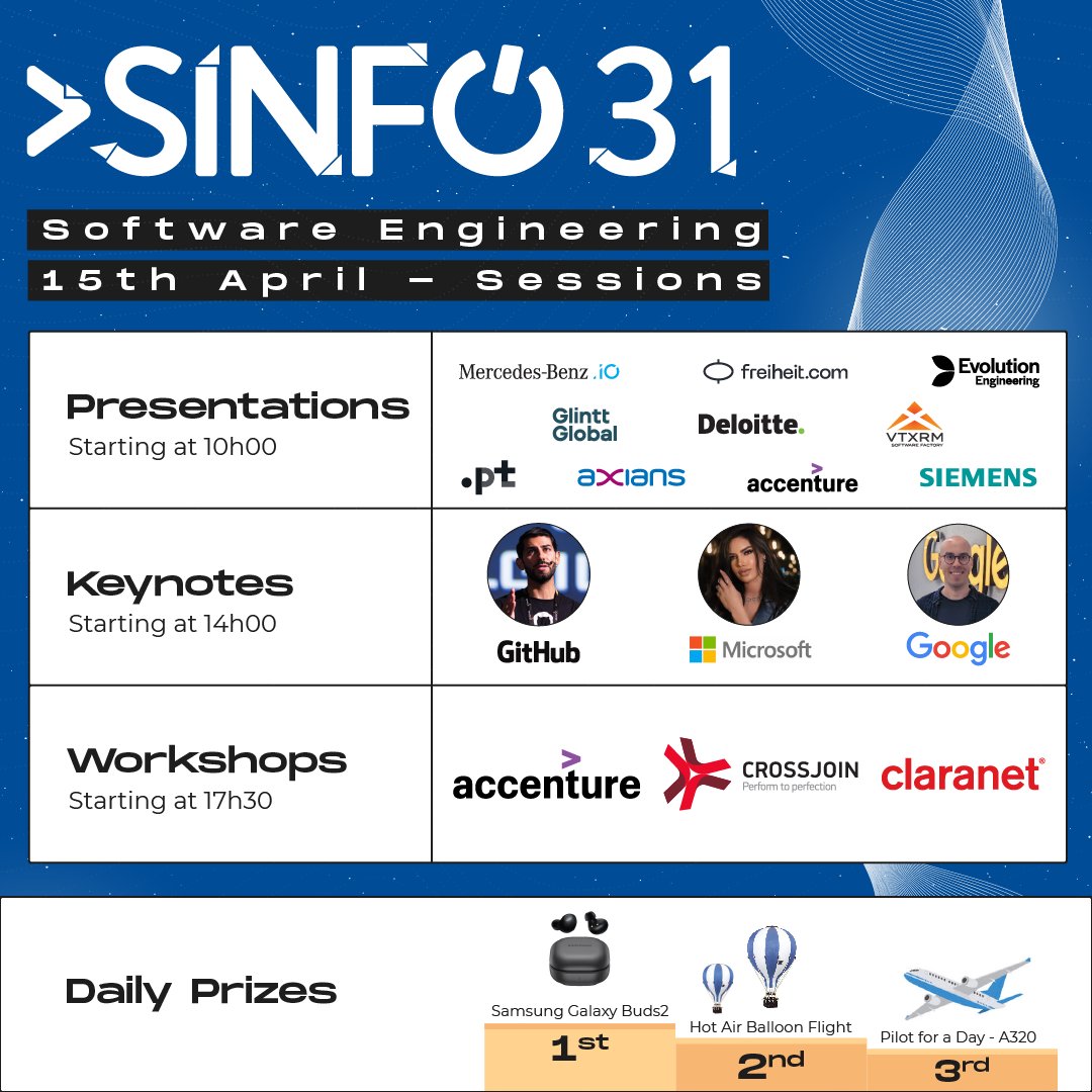 sinfoist's tweet photo. Start planning your day tomorrow at SINFO! 🗓️💙
Get to know our daily program for the Software Engineering Day.✨
See you tomorrow on Tecnico Innovation Center powered by Fidelidade, for the first day of SINFO! 😉 https://t.co/oGl4ndHY16
