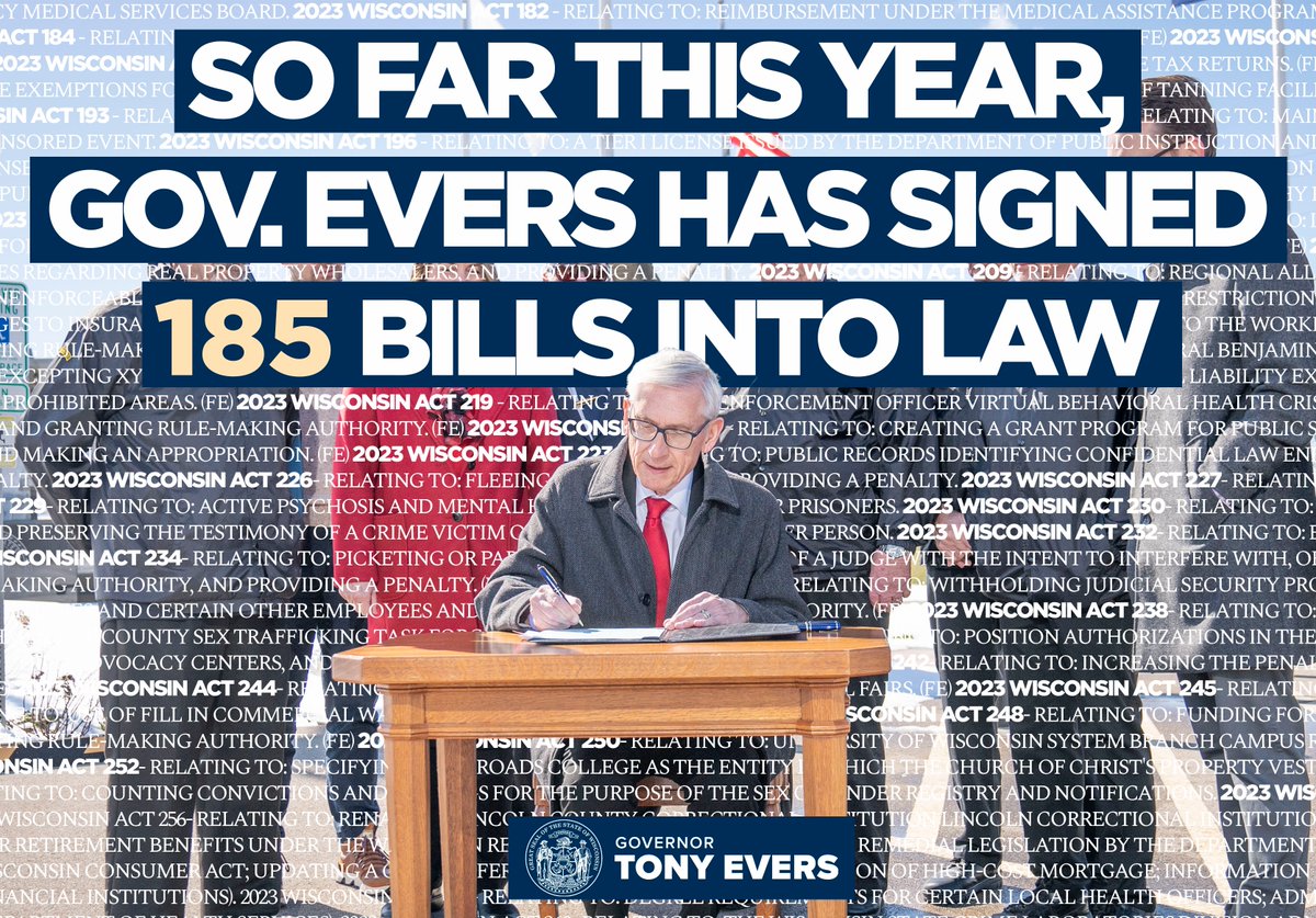 From securing fair maps for Wisconsin to expanding EV infrastructure to bolstering healthcare, public safety, education, and so much more, we're getting good bipartisan work done for our state. I'm proud to have signed 185 bills in just the last few months!