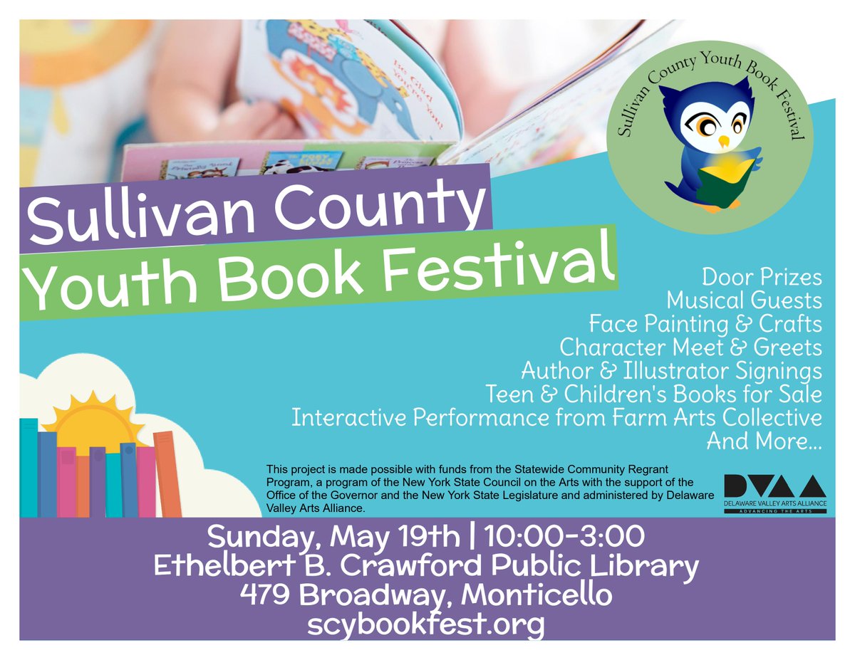 Join us for the Sullivan County Youth Book Festival, a day filled with literary fun for young readers and the entire family! This festival is a perfect outing for bookworms of all ages and families looking to spend a memorable day together. scybookfest.org #SCYBF…