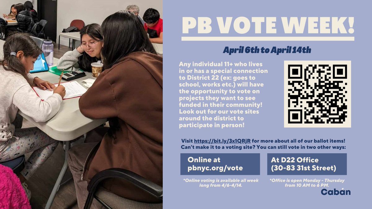 This weekend, vote in District 22 Participatory Budgeting! There are many great projects on the ballot that aim to improve Astoria, from tech upgrades in schools to planting trees to afterschool tutoring here at CIANA. Vote online or in person today! buff.ly/4cSk94K