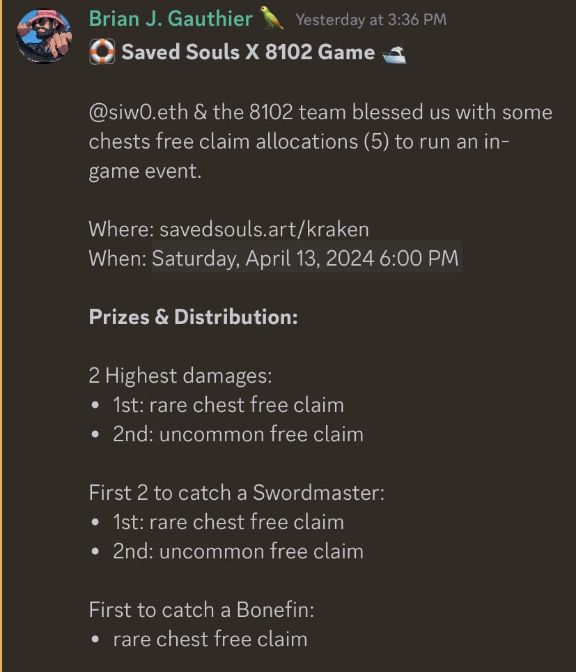 ENTER THE KRAKEN 🦑 In-game event for 8102 chests 🔥 When: Today at 6pm EST Where: savedsouls.art/kraken All partners can participate 🌊 Thanks to the 8102 team for giving us this opportunity 🛟🤝🛥️ For prizes & distribution check screenshot 👇