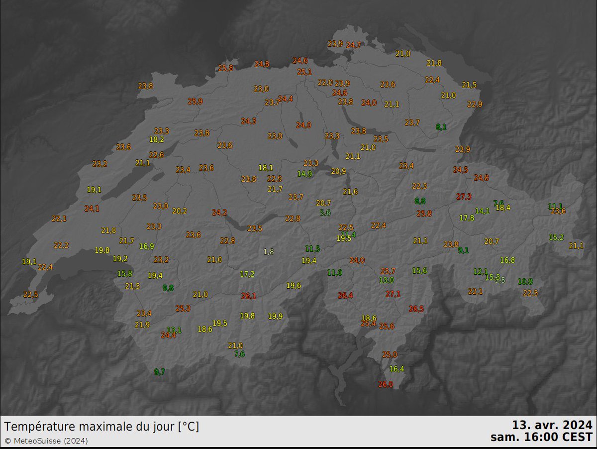 #Records de chaleurs d'avril battus ou égalés ce samedi en montagne, notamment La Dôle (19.1 °C contre 17.9 °C le 16.04.2007), Evolène (18.6 °C contre 18.3 °C le 08.04.2024), Zermatt (21 °C contre 20.6 °C le 07.04.2011), Chasseral (18.2 °C, égale le record du 30.04.2005). #Météo