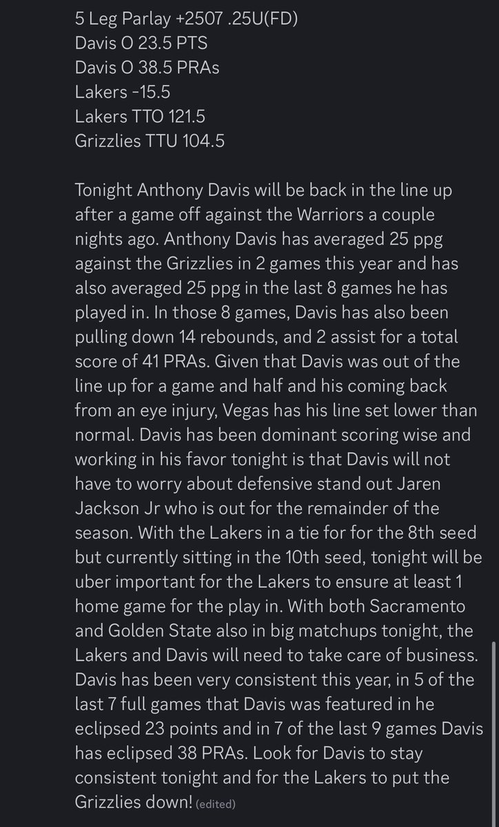 RobsProps117's tweet photo. Recap!!

🏀Anthony Davis O 38.5 PRAs ✅

+.65U 📈

April Free Play record 13-11 +2.59U 📈

Last Night VIP went 2-1 +1.38U 📈

Let’s keep it up!!

#RobsProps https://t.co/TNnZHNY55Z