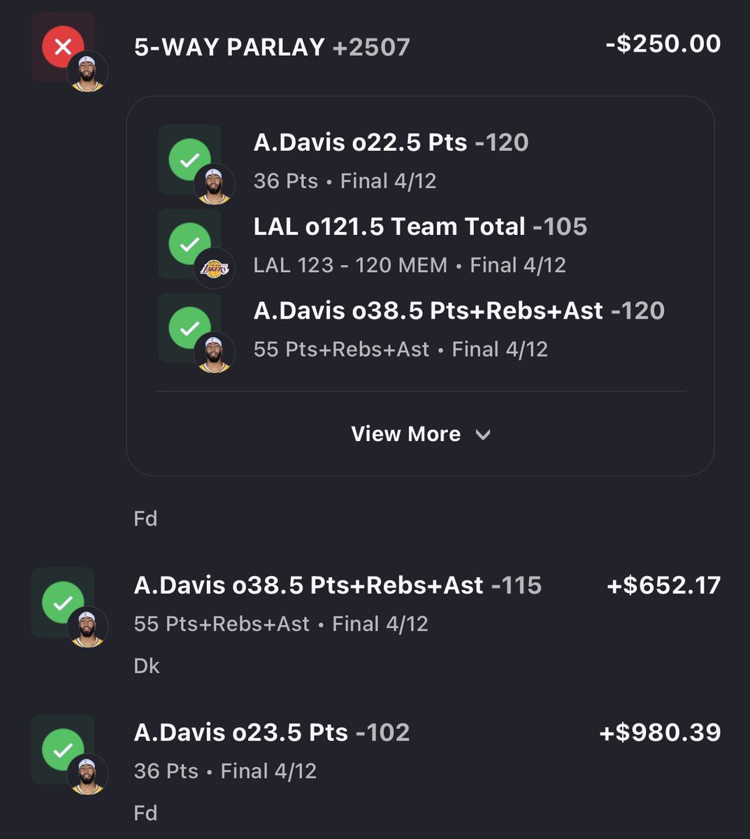 RobsProps117's tweet photo. Recap!!

🏀Anthony Davis O 38.5 PRAs ✅

+.65U 📈

April Free Play record 13-11 +2.59U 📈

Last Night VIP went 2-1 +1.38U 📈

Let’s keep it up!!

#RobsProps https://t.co/TNnZHNY55Z