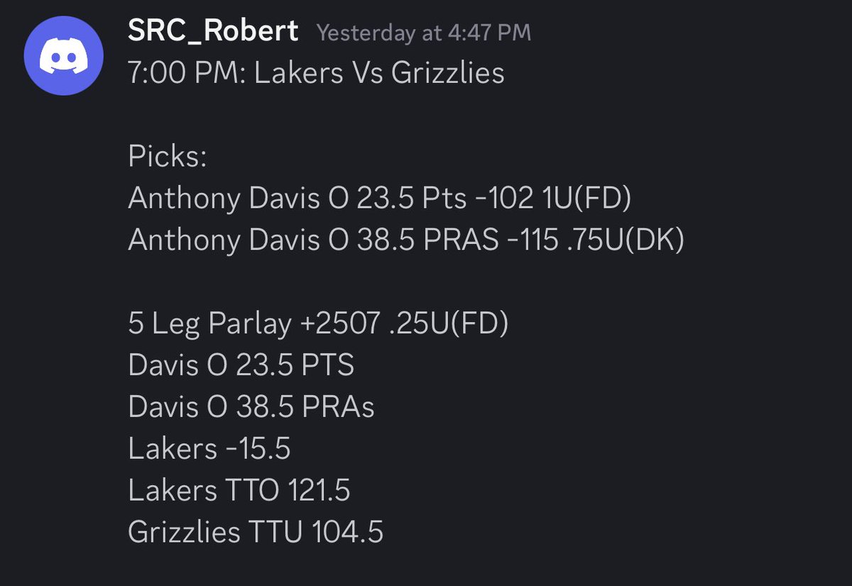 RobsProps117's tweet photo. Recap!!

🏀Anthony Davis O 38.5 PRAs ✅

+.65U 📈

April Free Play record 13-11 +2.59U 📈

Last Night VIP went 2-1 +1.38U 📈

Let’s keep it up!!

#RobsProps https://t.co/TNnZHNY55Z