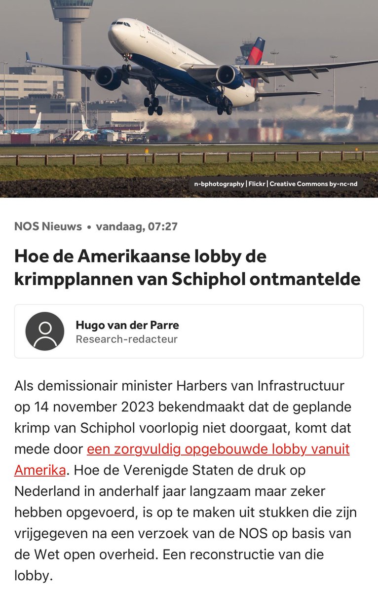 Waarom plaatst @NOS de dynamiek omtrent druk Amerikanen inzake krimp Schiphol niet in een breder perspectief? De VS wil dat NL zich houdt aan het luchtvaartgedrag tussen beide landen. Logisch. Dat ze dreigt met retaliation is dat ook en heeft niets met lobby te maken. 1/2