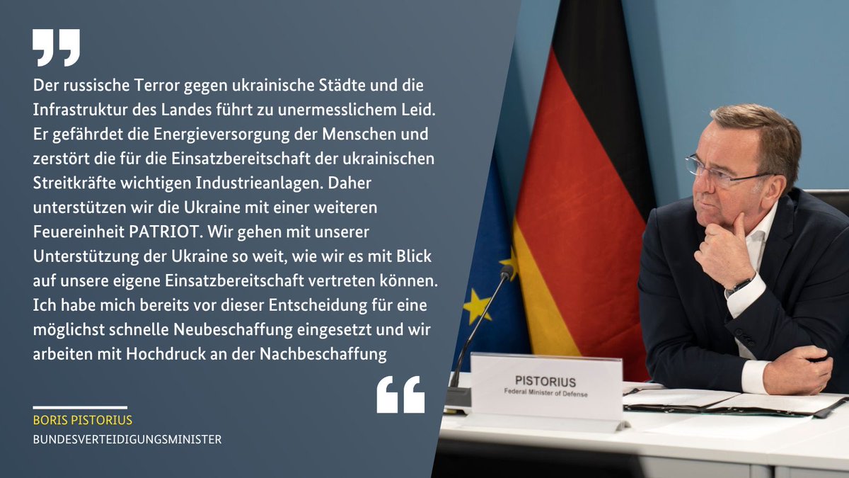 Germany transfers another Patriot unit to Ukraine. “The Russian Terror against Ukrainian cities and infrastructure leads to immeasurable pain. It threatens the energy supply for civilians and the readiness of the Ukrainian forces. Therefore, we will support Ukrainians with…