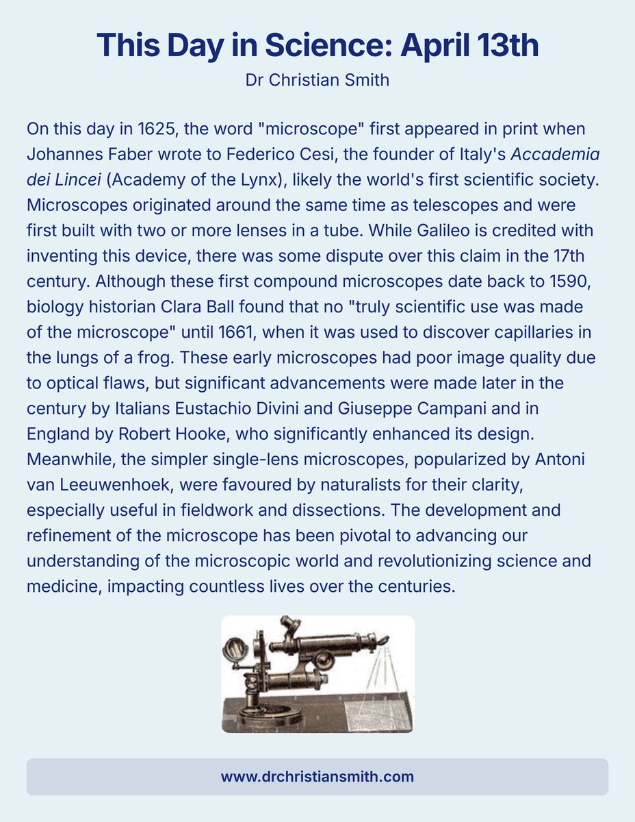 On #thisDayInScience in 1625, Johannes Faber coined the term 'microscope.' This pivotal invention, enhanced by pioneers like Hooke and van Leeuwenhoek, revolutionized science and medicine, unveiling the microscopic world. #ScienceHistory #Microscope