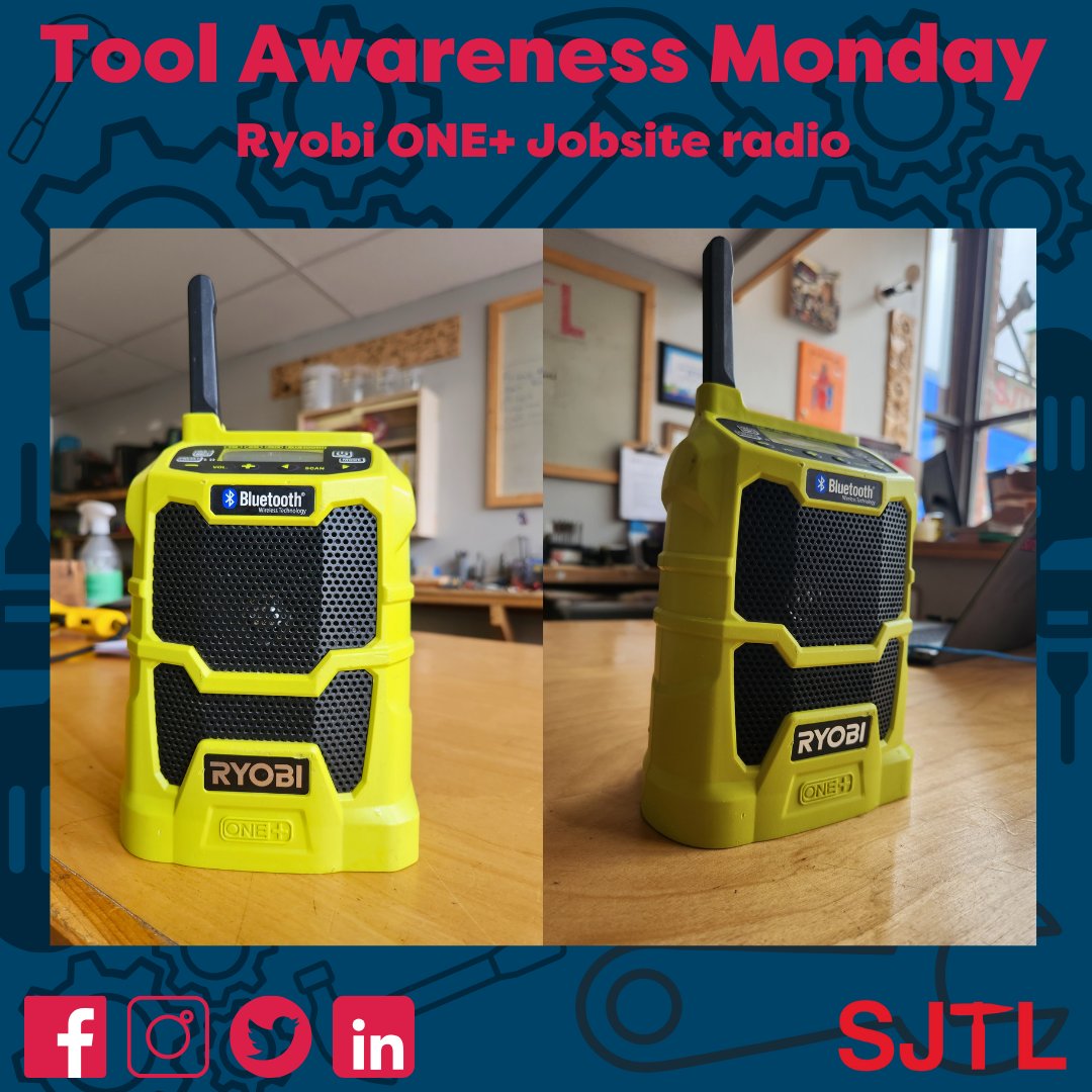 Tool Awareness Monday! Every Monday, we showcase equipment and power tools available at the Saint John Tool Library. Today's feature is our Ryobi ONE+ Jobsite Radio, equipped with FM/AM radio, an AUX port, and full Bluetooth capabilities. It's an essential addition to any jobsite