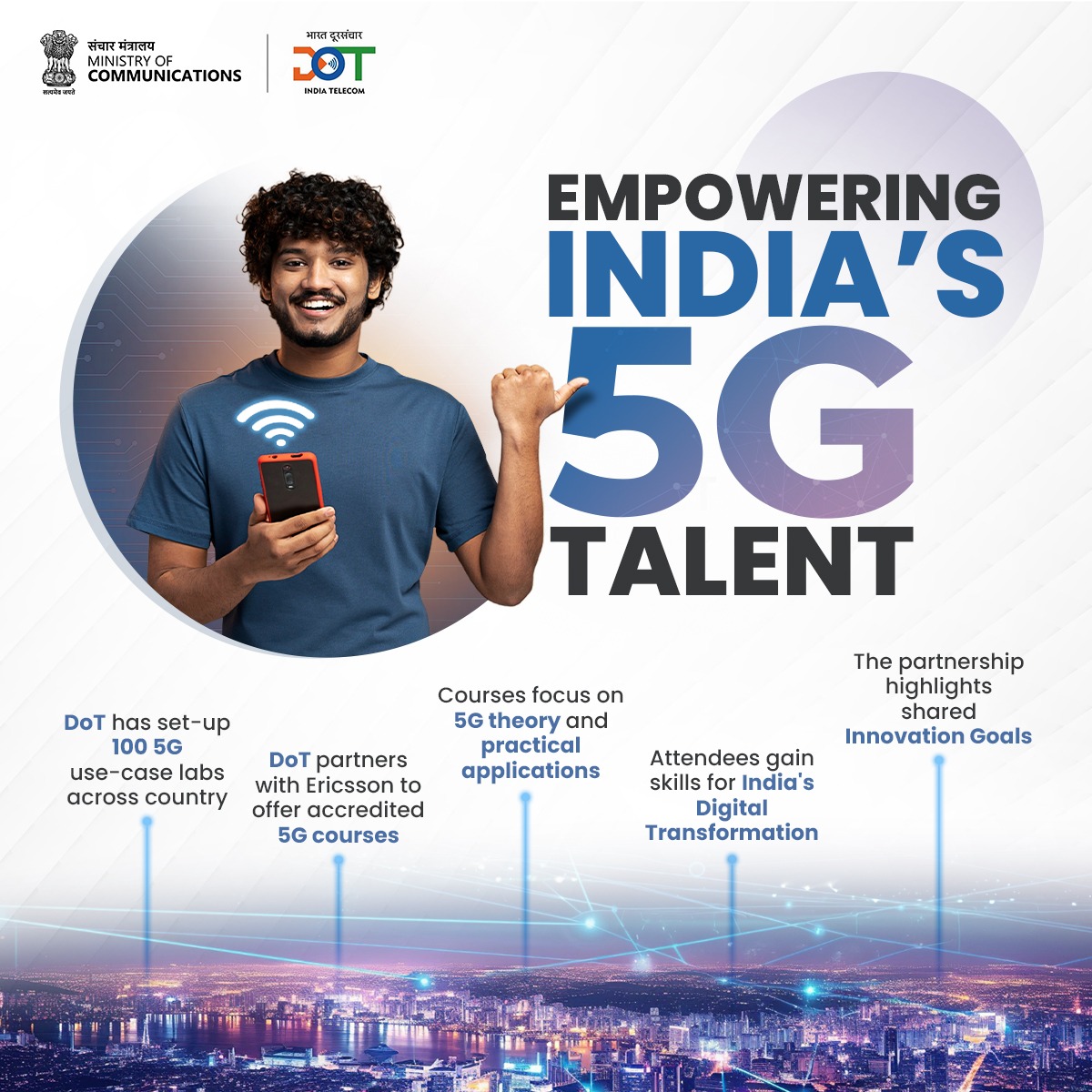 Advancing Youth with #futureready skills! with @DoT_India setting up 100 5G use-case labs acroos country and partnering with @EricssonIndia for offering accredited courses on 5G, shaping tomorrow’s tech leaders. #5GEducation #TechLeadership