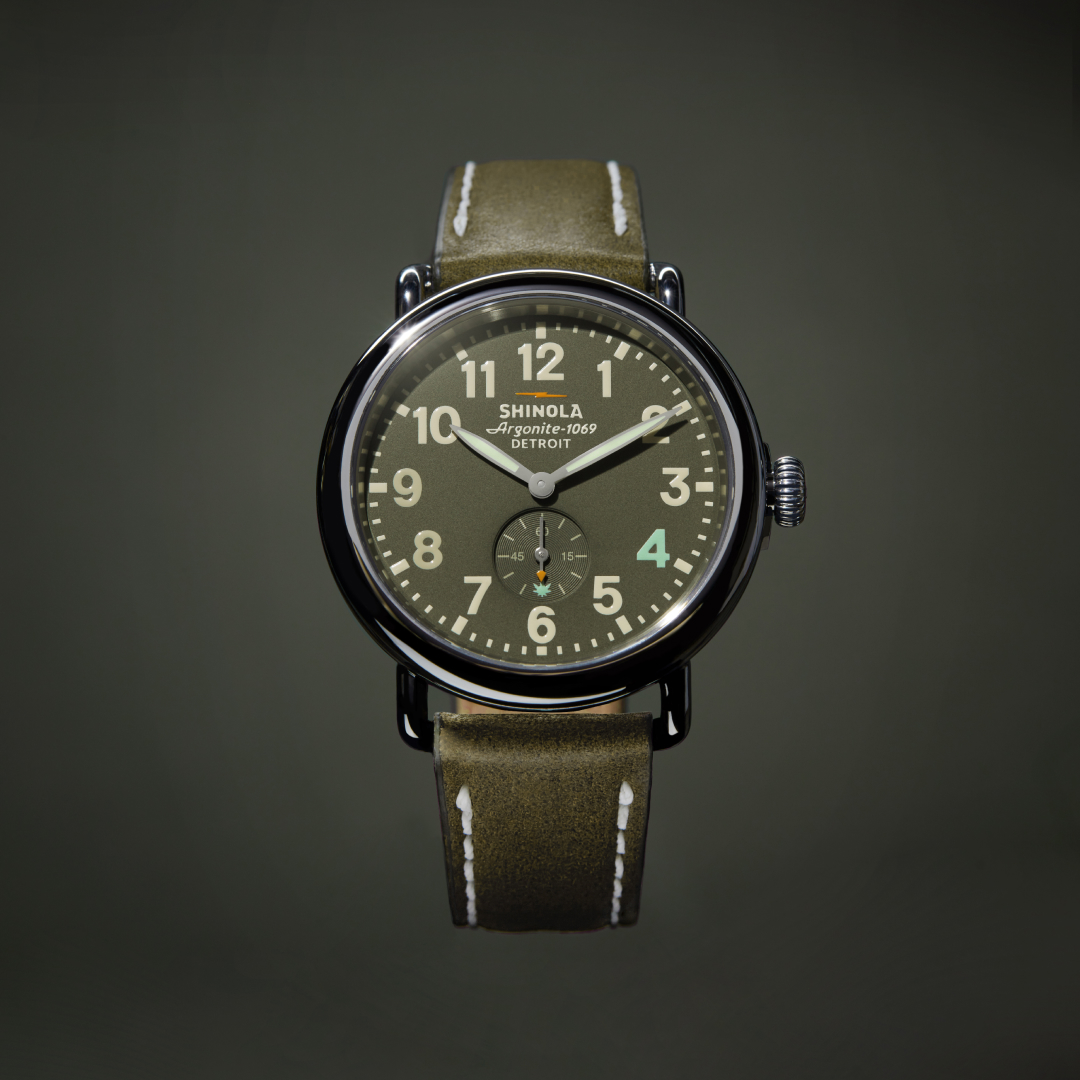 The 41MM Grassland Runwell features a matte velvet green dial, with green luminescent markers and hands, and glow-in-the-dark stitching on an olive leather strap—set in a custom hemp-sleeved watch box. Join the waitlist now.