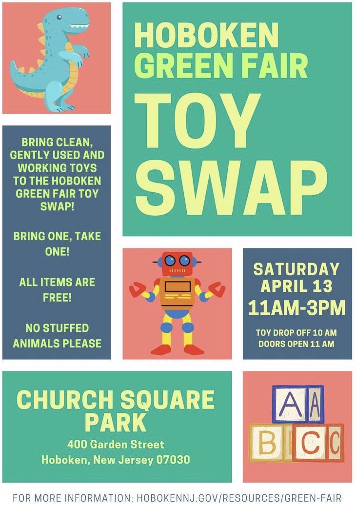 REMINDER: The Hoboken Green Fair & Toy Swap is today is Church Square Park! Stop by between 11 a.m. and 3 p.m. to swap gently used toys and learn more about how you can reduce your impact on the earth. More: https: local.nixle.com/alert/10874535/