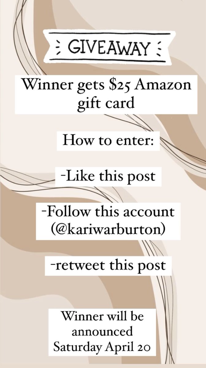 Giveaway 🎉 

Winner gets a $25 Amazon gift card 

How to enter:

-like this post 

-follow this account (@kariwarburton)

-retweet this post

Winner will be Announced 
Saturday April 20

#giveaway #springgiveaway #twittergiveaway #amazongiveaway