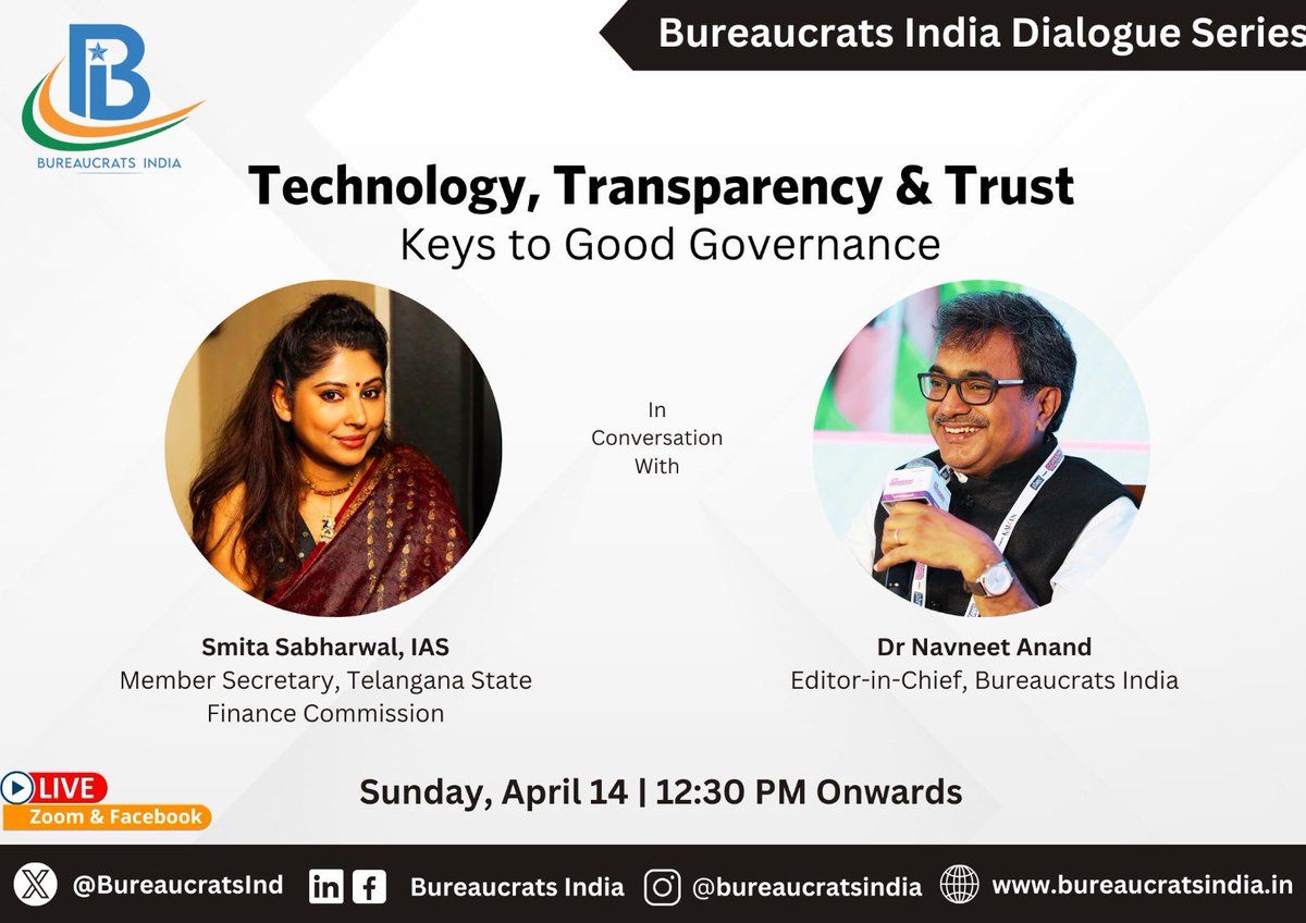 #BIDialogue This Sunday meet @SmitaSabharwal, IAS (2001: Telangana), often known as The People's Officer, as she joins Dr @navneetanand in a conversation and shares her views on a wide-ranging issues including Tech & Transparency. Register here to join it Live: @DCsofIndia